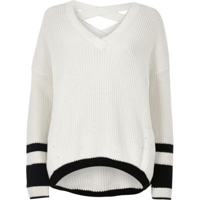White stripe knit cross strap V neck jumper